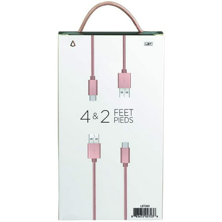and 2 Feet Long Knitted Rose Gold LBT Twin Pack USB A to USB C Premium Charging and Data Cable 4 Feet Long 1.21 Meters 0.6 Meters 
